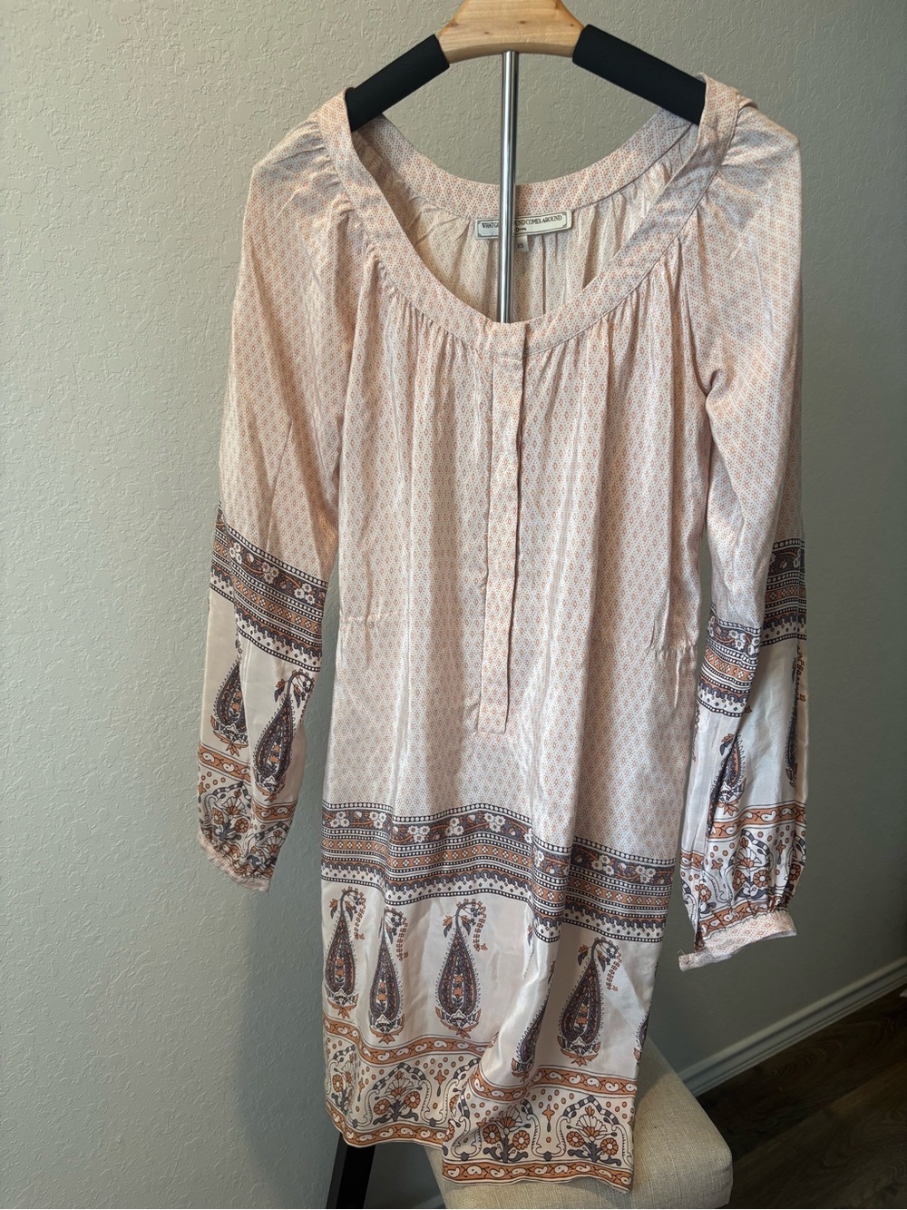 Anthropologie What Goes Around Comes Around Silk Dress Mixed Print Boho LS XS